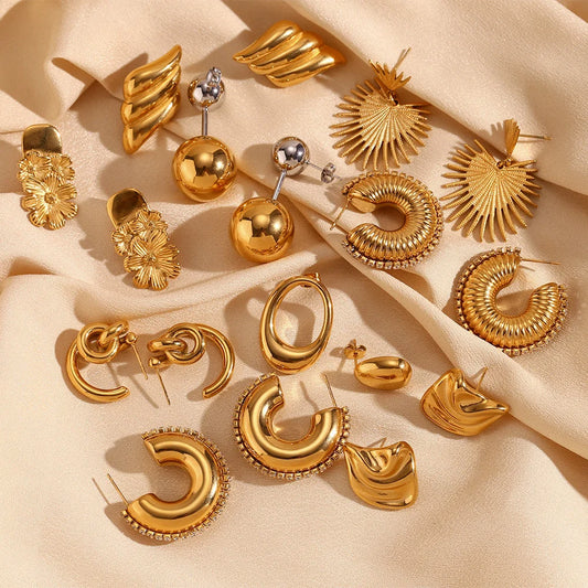 Fashion Round Circle Geometric Heart Stainless Steel 18K Gold Plated Earrings