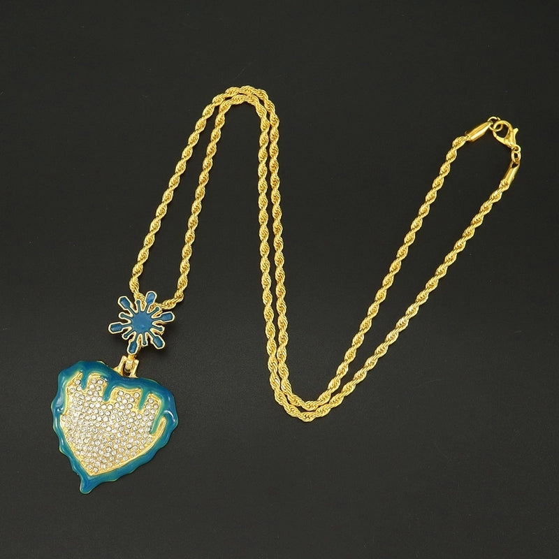 Luminous Oil Dripping Snowflake Love Hip Hop Pendant Peach Heart Personality Single Row Diamond Cuban Link Chain Necklace Men And Women