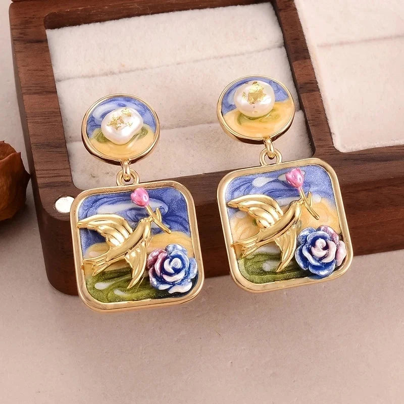 1 Pair Minimalist Classic Style Flower Butterfly Enamel Inlay Alloy Copper Natural Pearl Zircon Drop Earrings