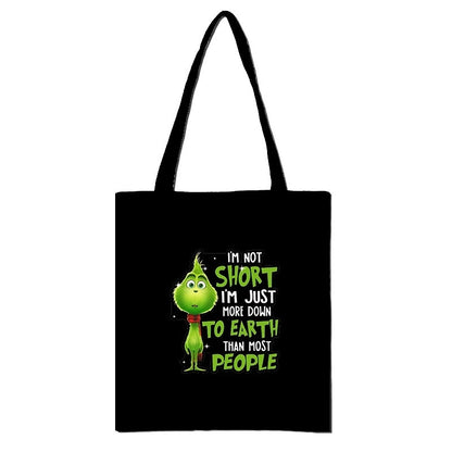 Christmas Peripheral Festival Handbag Canvas Bag Grinch Christmas Monster Green Fur Monster Printed Canvas Book Bag