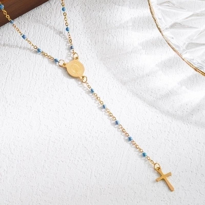 3 Pieces Elegant Classical Cross Virgin Mary Priest Stainless Steel Beaded Plating 18k Gold Plated Necklace