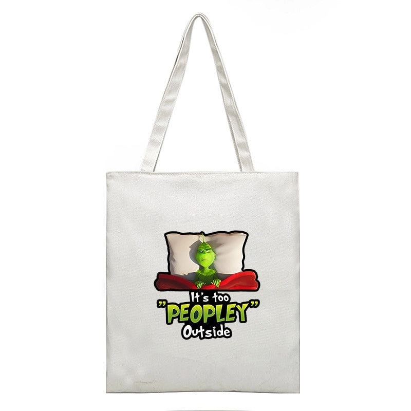 Christmas Peripheral Festival Handbag Canvas Bag Grinch Christmas Monster Green Fur Monster Printed Canvas Book Bag
