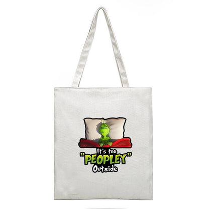 Christmas Peripheral Festival Handbag Canvas Bag Grinch Christmas Monster Green Fur Monster Printed Canvas Book Bag