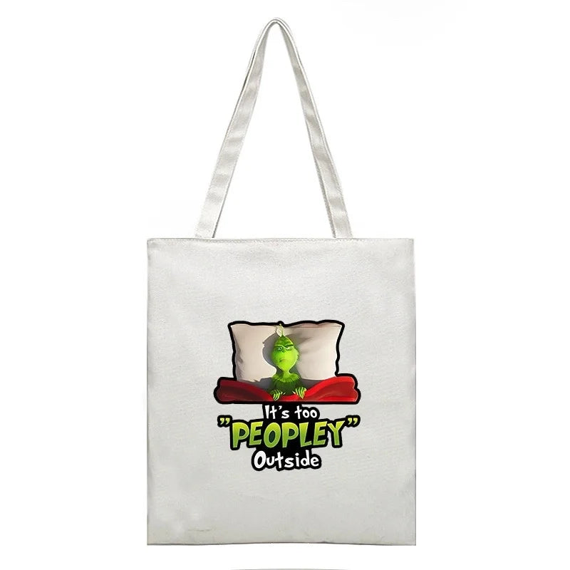 Christmas Peripheral Festival Handbag Canvas Bag Grinch Christmas Monster Green Fur Monster Printed Canvas Book Bag