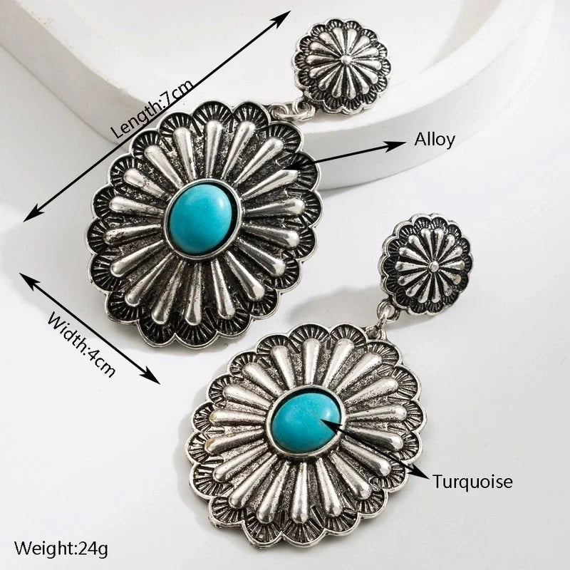 1 Pair Ethnic Style Classic Style Water Droplets Flower Inlay Alloy Turquoise Gold Plated Drop Earrings