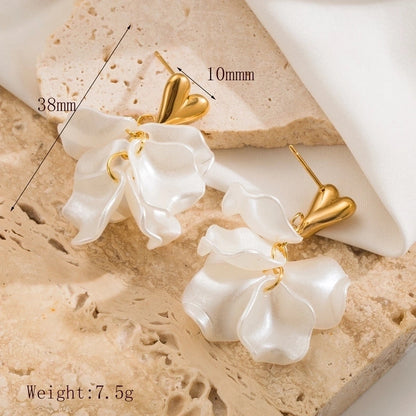 1 Pair Minimalist Heart Shape Petal Inlay 304 Stainless Steel Acrylic 18K Gold Plated Drop Earrings