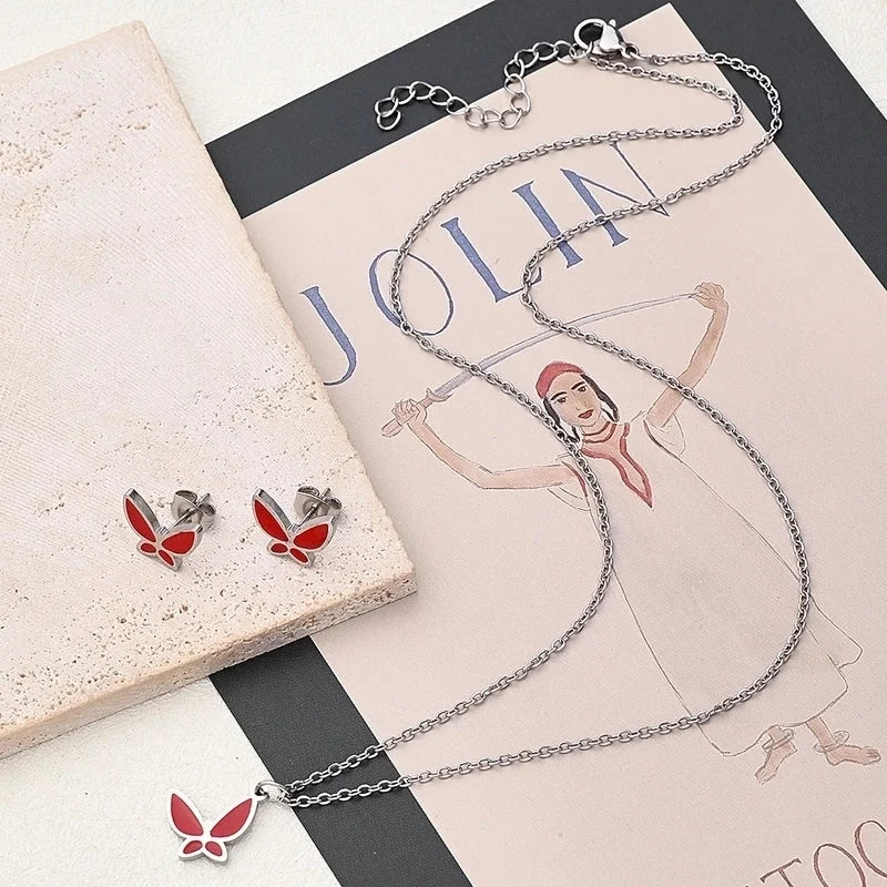 Casual Basic Vacation Rabbit Simple Butterfly 304 Stainless Steel 18K Gold Plated Polishing Enamel Plating Jewelry Set