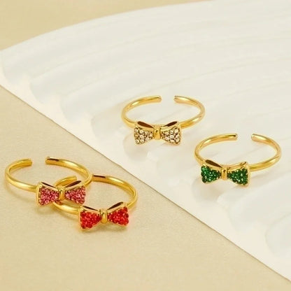304 Stainless Steel 18K Gold Plated Retro Sweet Plating Inlay Bow Knot Zircon Open Rings
