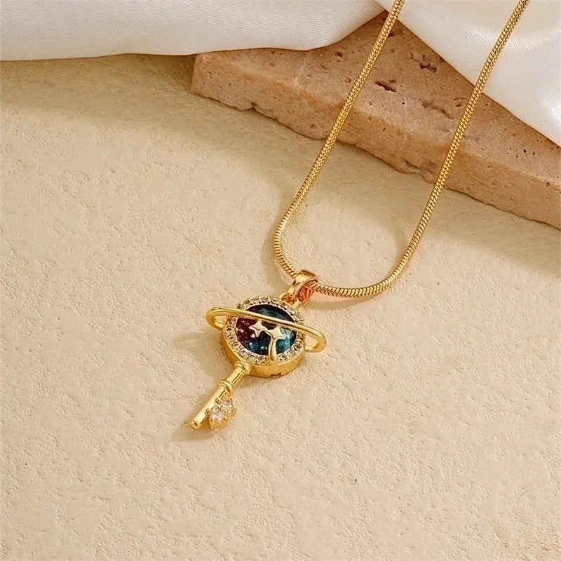 IG Style Minimalist Universe Starry Sky 304 Stainless Steel Copper Plating Inlay Gold Plated Zircon Charms Necklace