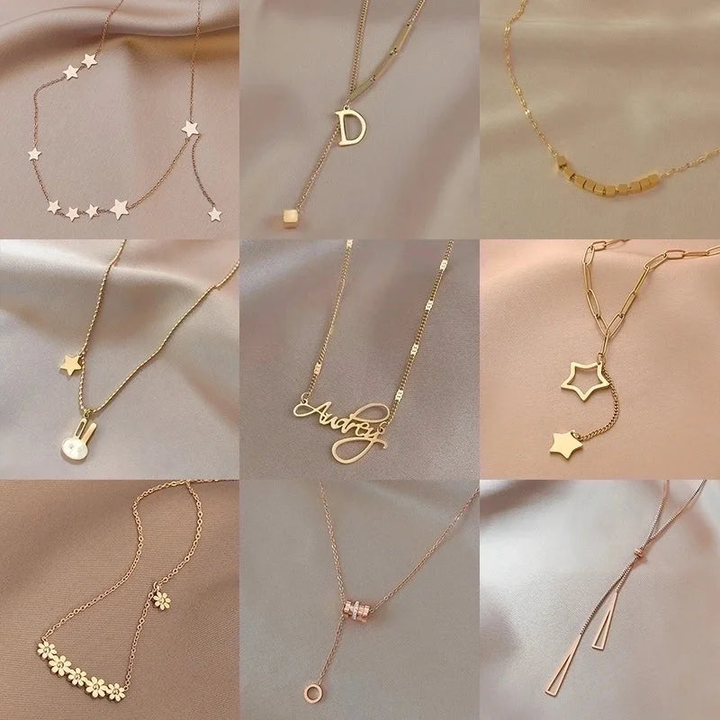 Sweet Minimalist Round Chinese Character Flower Titanium Steel Inlay Rhinestones Shell Pendant Necklace