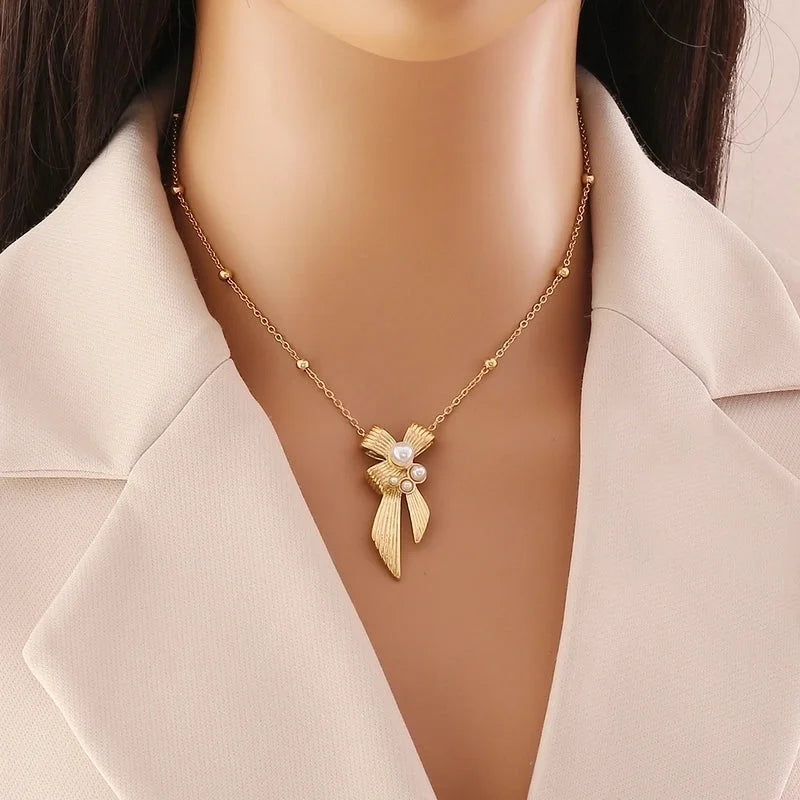 Elegant Streetwear Commute Heart Shape Bow Knot 304 Stainless Steel Artificial Pearls 18K Gold Plated Inlay Earrings Necklace Jewelry Set