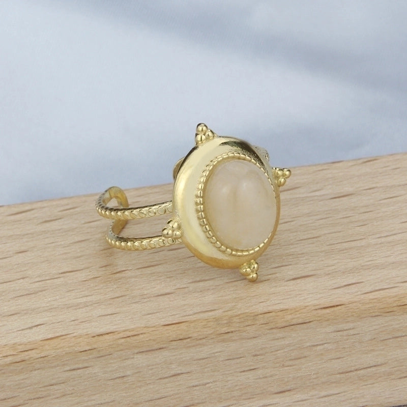 Minimalist Geometric 304 Stainless Steel Natural Stone 18K Gold Plated Hollow Out Open Ring