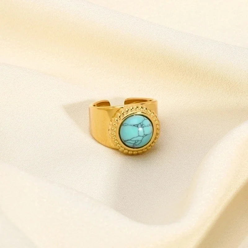 304 Stainless Steel 18K Gold Plated Retro Plating Inlay Water Droplets Turquoise Open Rings