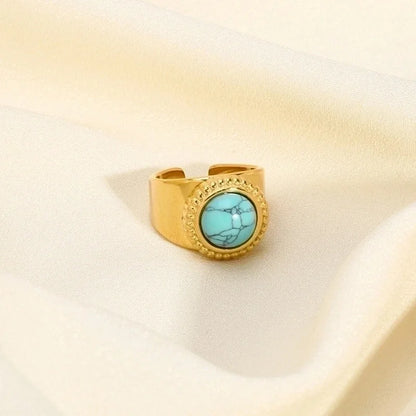 304 Stainless Steel 18K Gold Plated Retro Plating Inlay Water Droplets Turquoise Open Rings