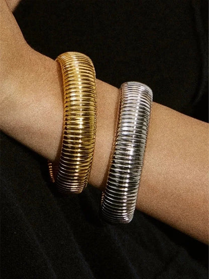 Thick Popular Jewelry Elastic Wide Titanium Steel Bracelet Female Light Luxury Niche Exaggerated Metal Vertical Stripe Ring