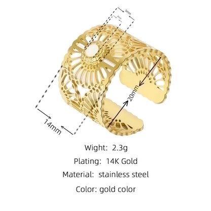 Fashion Geometric 304 Stainless Steel Natural Stone Shell 14K Gold Plated Plating Open Ring