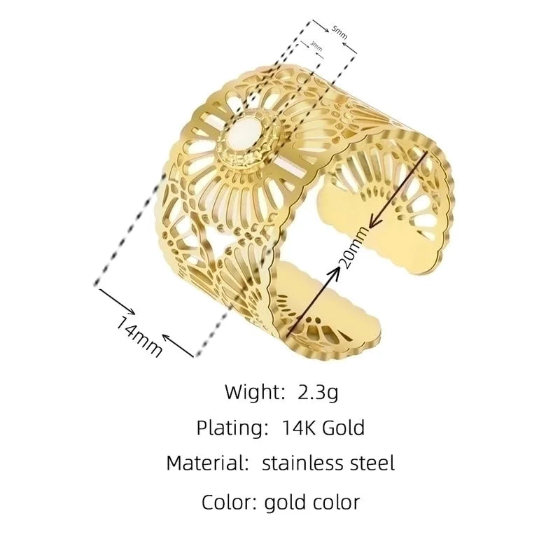 Fashion Geometric 304 Stainless Steel Natural Stone Shell 14K Gold Plated Plating Open Ring