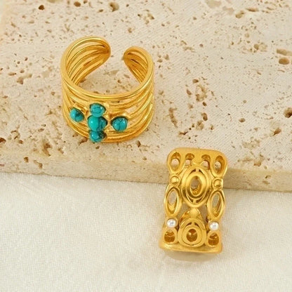 304 Stainless Steel 18K Gold Plated Minimalist Plating Inlay Round Natural Stone Open Rings