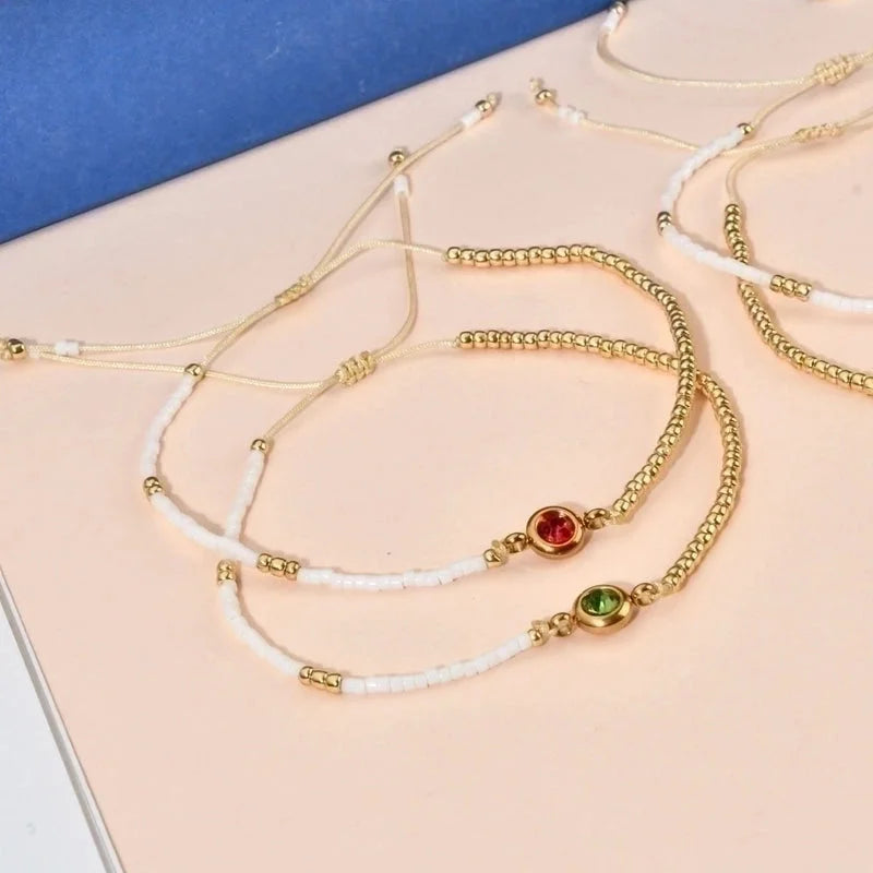 Casual Minimalist Round Stainless Steel Seed Bead Rope Beaded Inlay Zircon Bracelets