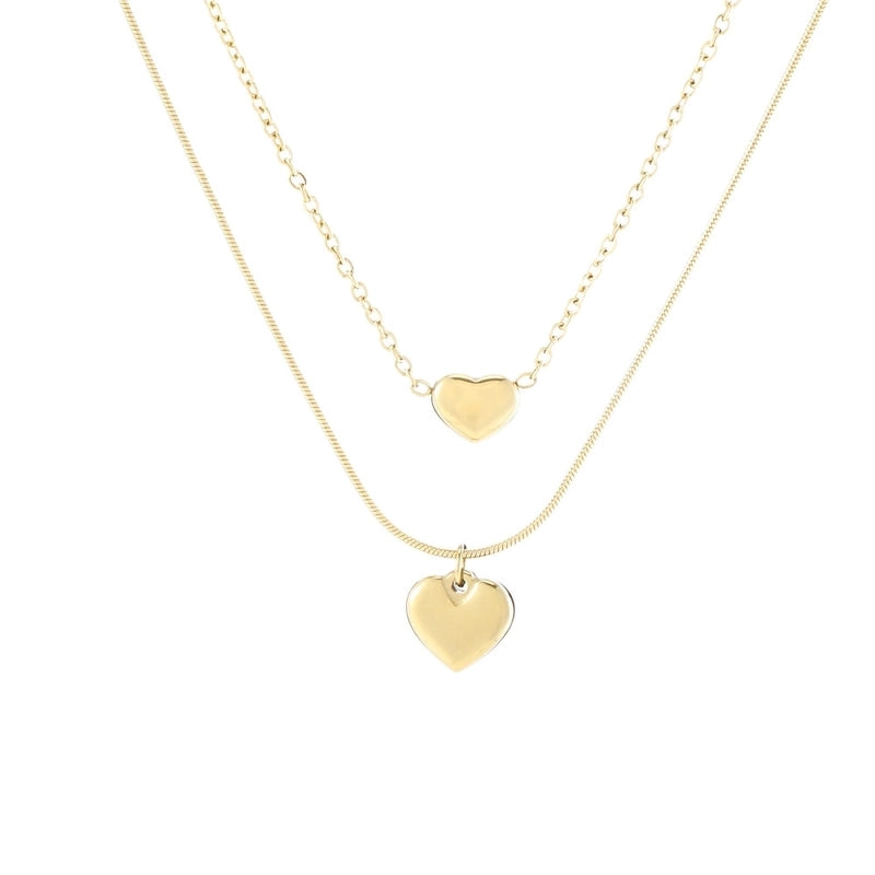 Minimalist Heart Shape Titanium Steel Inlaid Gold Women's Layered Necklaces