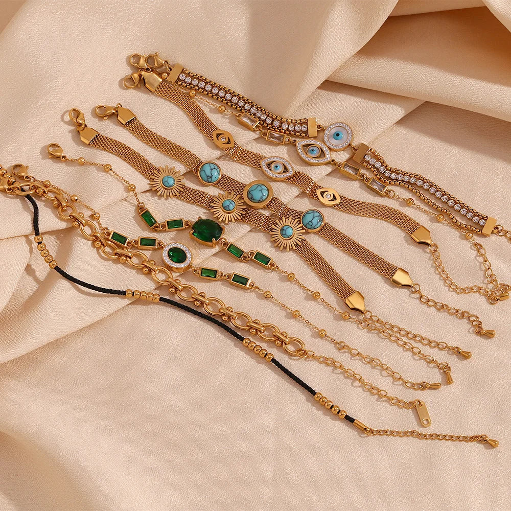 Women Fashion Round Stripe Geometric Stainless Steel 18K Gold Plated Bracelets