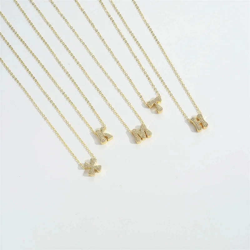 Copper 14K Gold Plated Vintage Style Minimalist Commute Inlay Letter Zircon Pendant Necklace