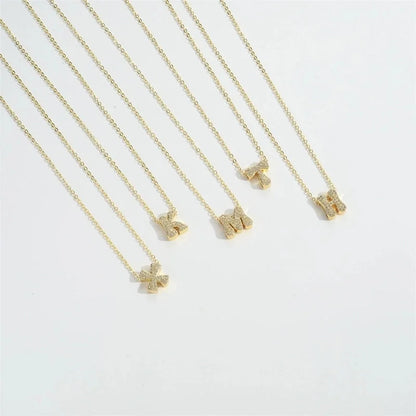 Copper 14K Gold Plated Vintage Style Minimalist Commute Inlay Letter Zircon Pendant Necklace