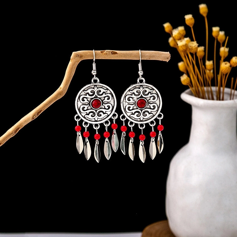 Bohemian Blue Turquoise National Style Earrings Imitation Miao Silver Metal Earrings Vintage Tassel Earrings