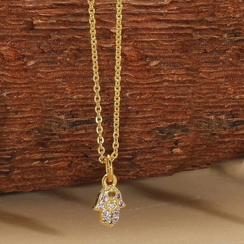 Copper 14K Gold Plated Vintage Style Minimalist Commute Inlay Cross Palm Zircon Pendant Necklace