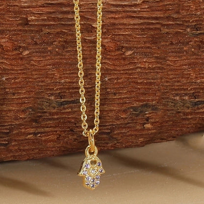 Copper 14K Gold Plated Vintage Style Minimalist Commute Inlay Cross Palm Zircon Pendant Necklace