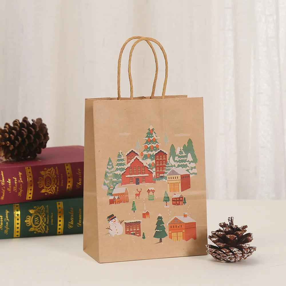 12 Pieces Christmas Gift Bag Christmas Eve Souvenir Handbag Peace Fruit Packaging Kraft Paper Bag