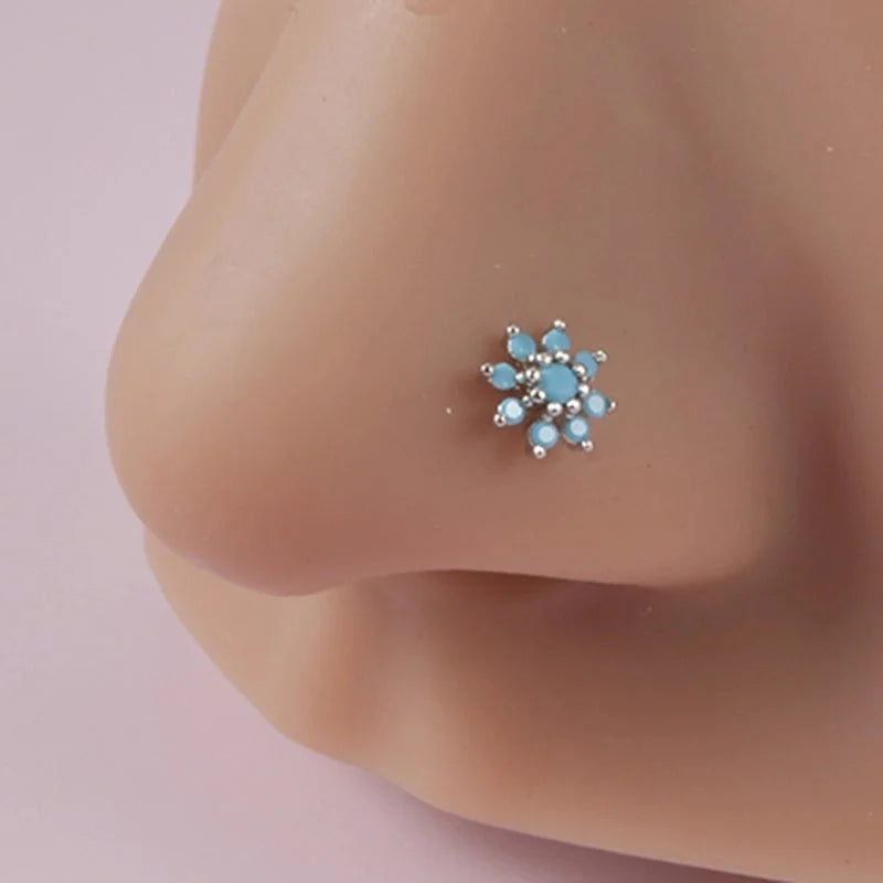 2 Pieces Nose Rings & Studs Minimalist Flower 304 Stainless Steel Turquoise Turquoise