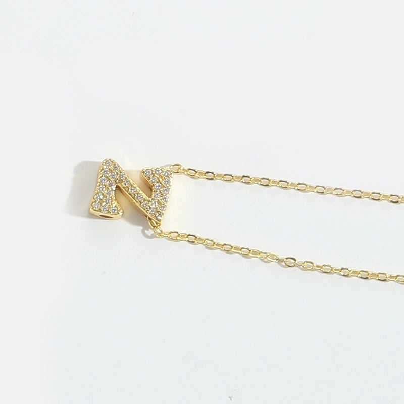 Copper 14K Gold Plated Vintage Style Minimalist Commute Inlay Letter Zircon Pendant Necklace
