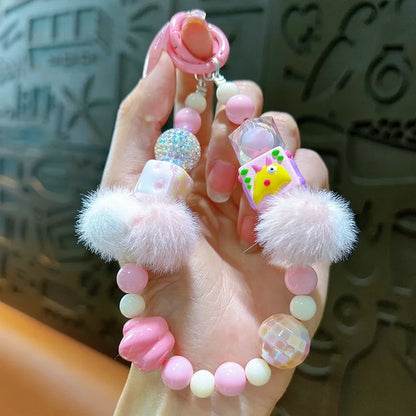 Creative Hand-painted Beads Plush Beaded Mobile Phone Chain Keychain Bag Hanging Headphone Bag Mobile Phone Case Accessories Beaded Chain