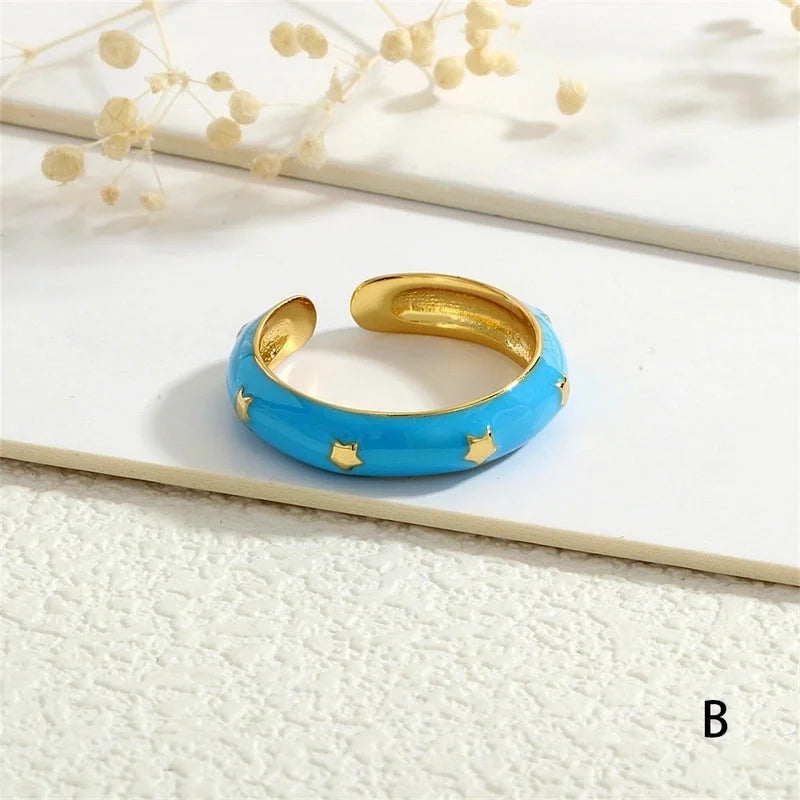 Copper 18K Gold Plated Enamel Star Open Rings