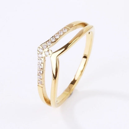 2 Pieces Minimalist V Shape Titanium Steel Zircon Rings