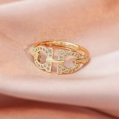 Real Gold Plating Multi-layer Cross Diamond Geometric Open Index Finger Copper Ring