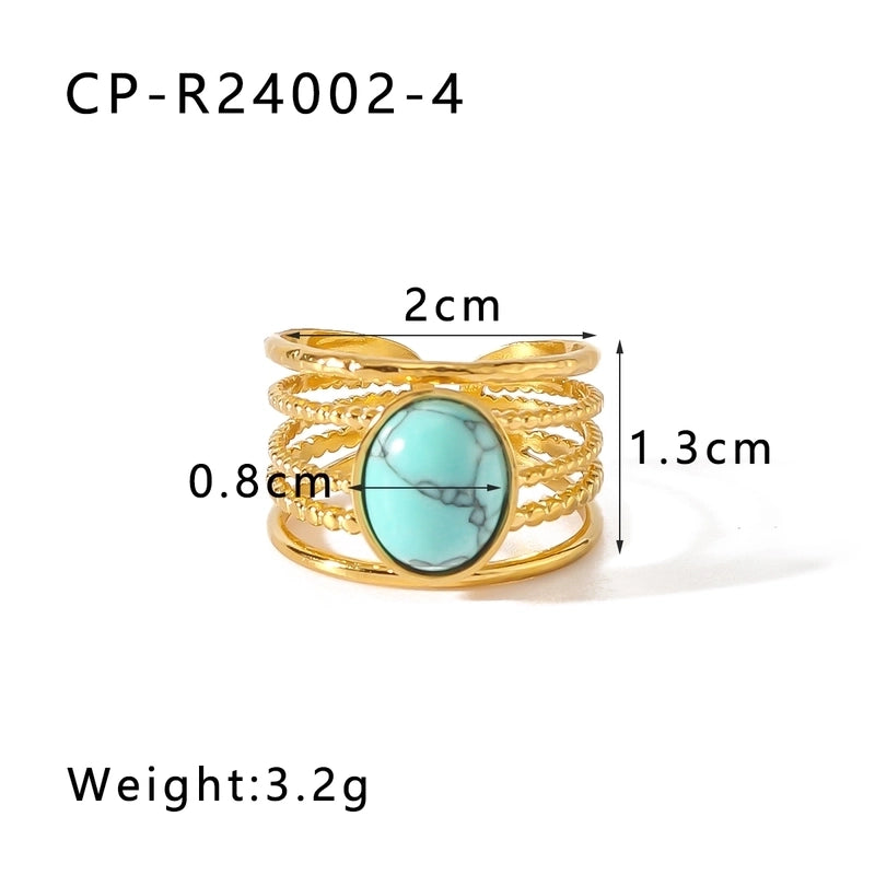 Vintage Style Modern Style Minimalist Oval 304 Stainless Steel Natural Stone 18K Gold Plated Hollow Out Inlay Open Rings