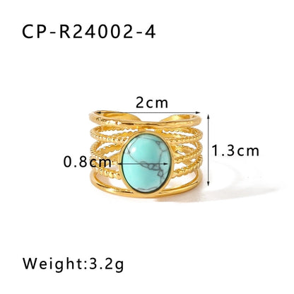 Vintage Style Modern Style Minimalist Oval 304 Stainless Steel Natural Stone 18K Gold Plated Hollow Out Inlay Open Rings
