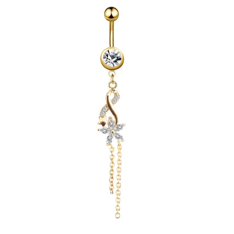 Minimalist Water Droplets Flower Butterfly Stainless Steel Inlay Zircon Women's Belly Ring
