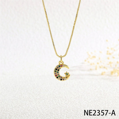 Copper Box Chain Inlay Star Moon Zircon Pendant Necklace