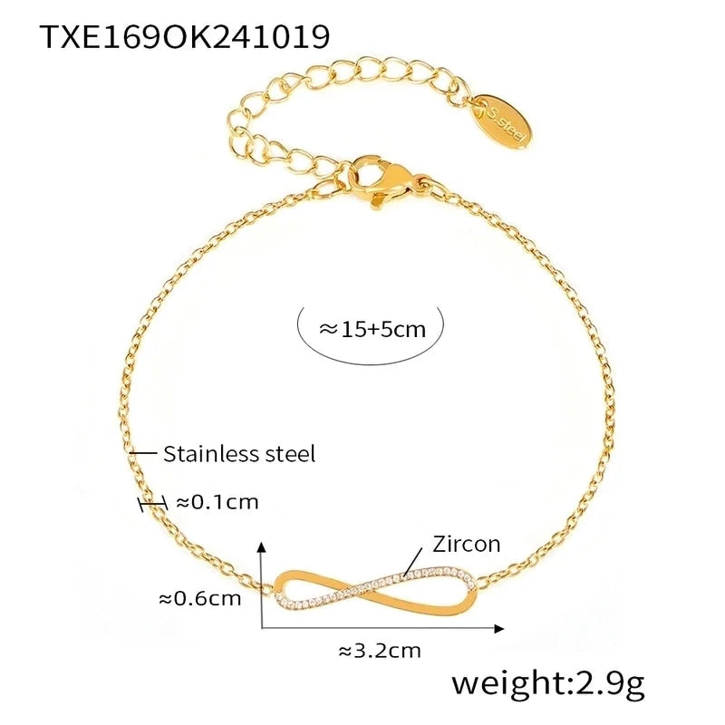 Elegant Luxurious Infinity 304 Stainless Steel Zircon 18K Gold Plated Plating Inlay Bracelets Necklace