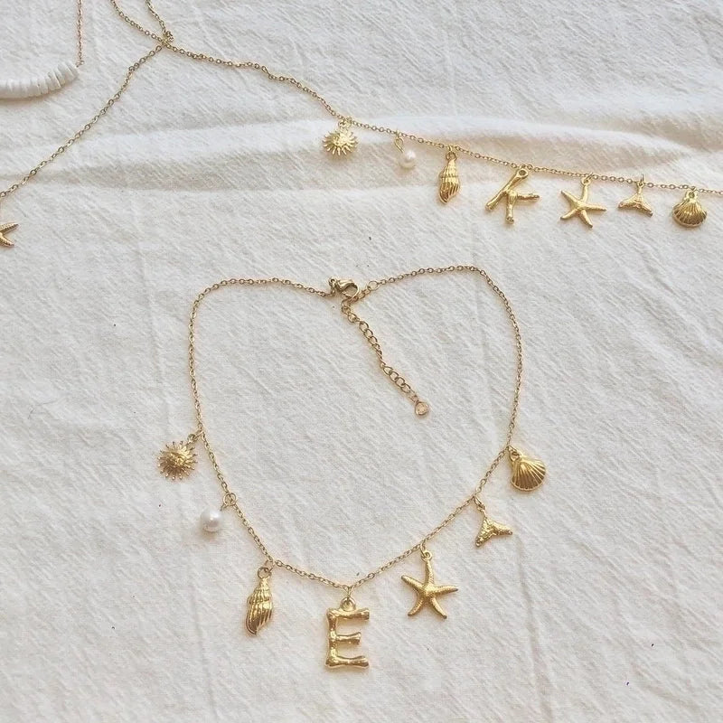 Copper Minimalist Sun Letter Starfish Pendant Necklace