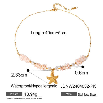Vacation Marine Style Starfish Shell 304 Stainless Steel 18K Gold Plated Beaded Pendant Necklace