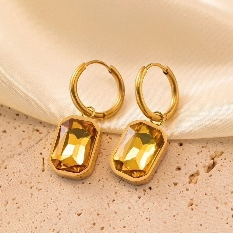 1 Pair Retro Classic Style Geometric Solid Color Plating Inlay 304 Stainless Steel Artificial Rhinestones 18K Gold Plated Drop Earrings