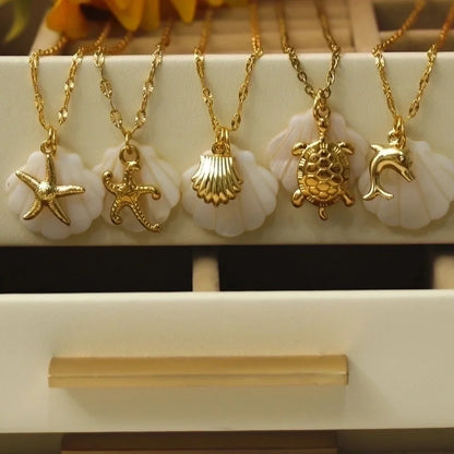 Vacation Marine Style Beach Starfish Dolphin Shell 304 Stainless Steel Shell 18K Gold Plated Pendant Necklace