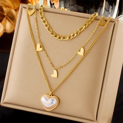 Minimalist Heart Shape 304 Stainless Steel Pearl 18K Gold Plated Plating Inlay Layered Necklaces