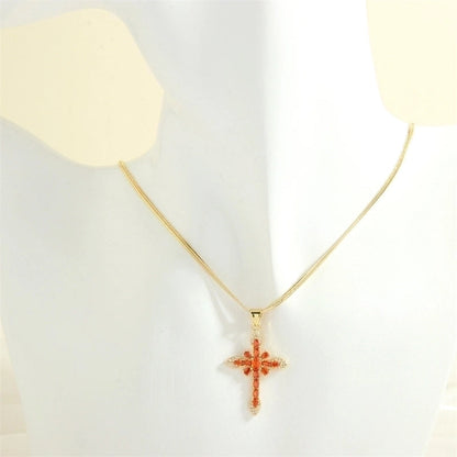 Minimalist Cross Copper 18k Gold Plated Zircon Pendant Necklace In Bulk