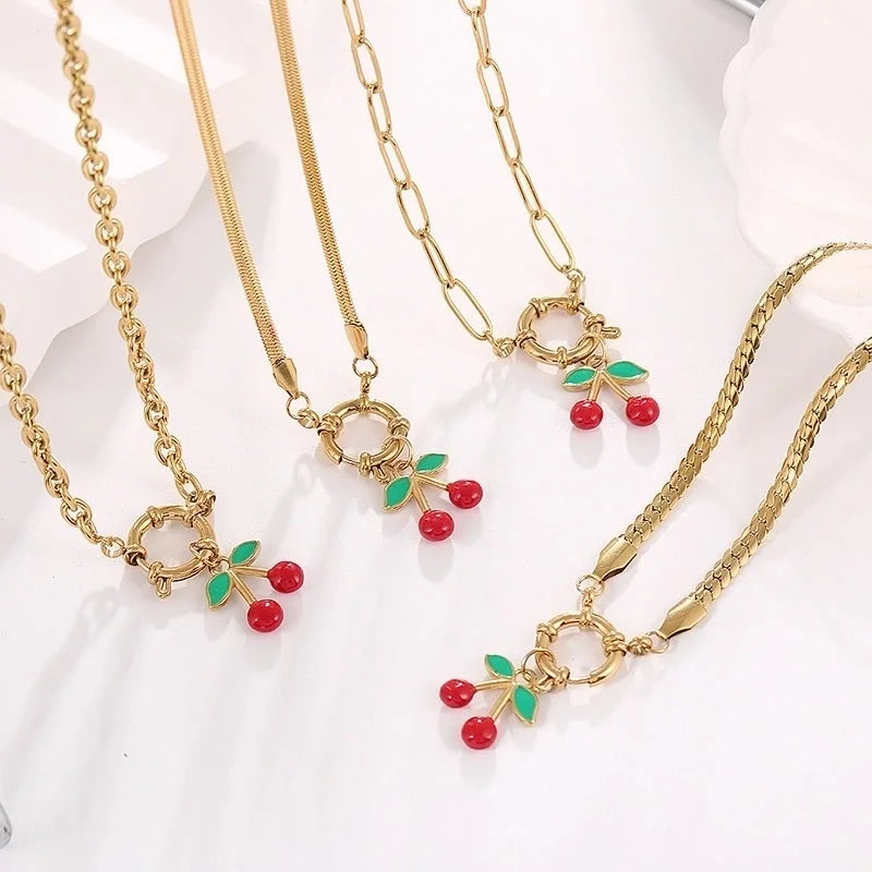 Elegant Minimalist Cherry 304 Stainless Steel Zircon 18K Gold Plated Inlay Pendant Necklace