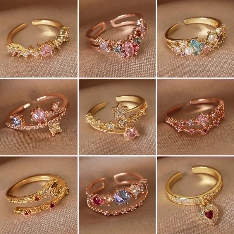 Minimalist Shiny Star Water Droplets Heart Shape Copper Inlay White Gold Plated Gold Plated Zircon Open Rings